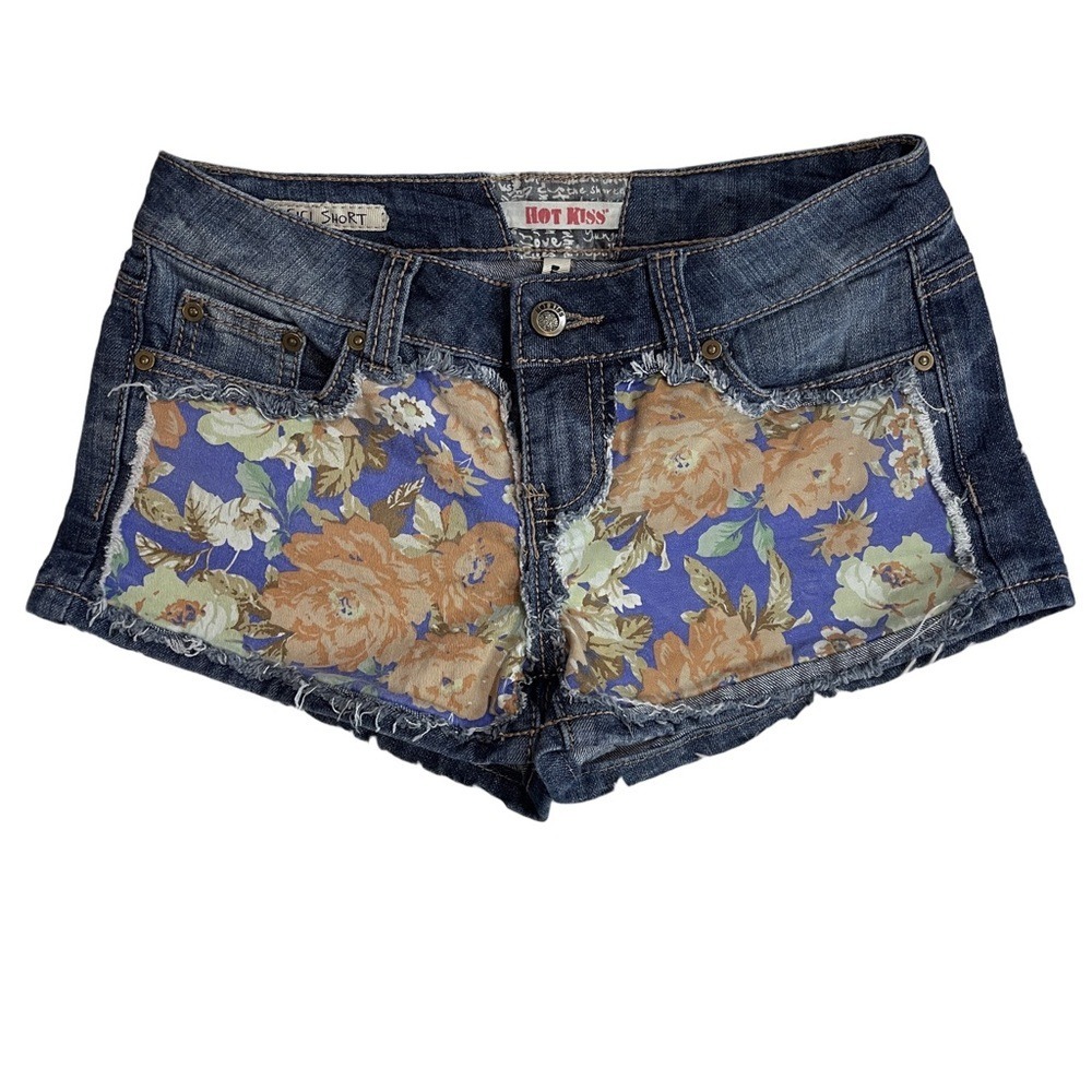 Hot Kiss Cici Shorts‎ Juniors 5 Blue Good Floral Inlay Low Rise Denim Cut Offs